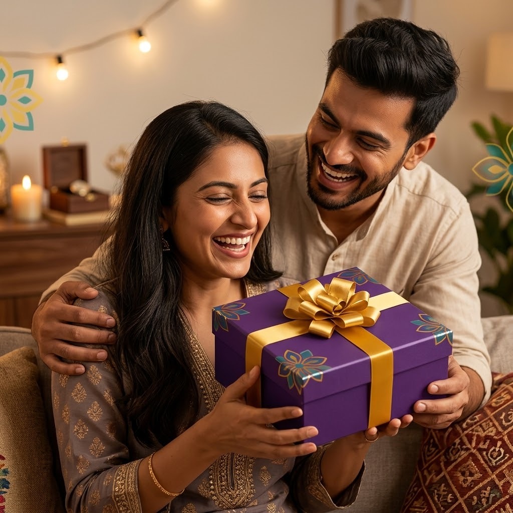 A happy Indian couple celebrating Diwali with a purple and gold gift box.