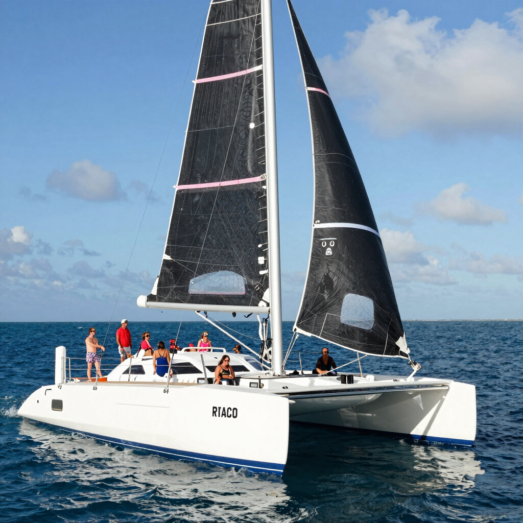 Elegant catamaran sailing near Isla Mujeres with turquoise sea and sunny skies.