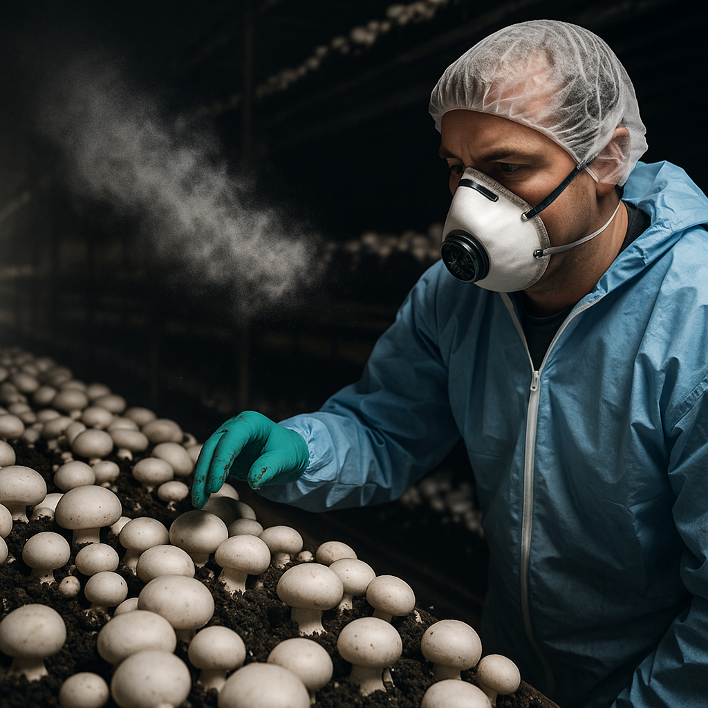 mushroom working wearing a mask to protect from spores