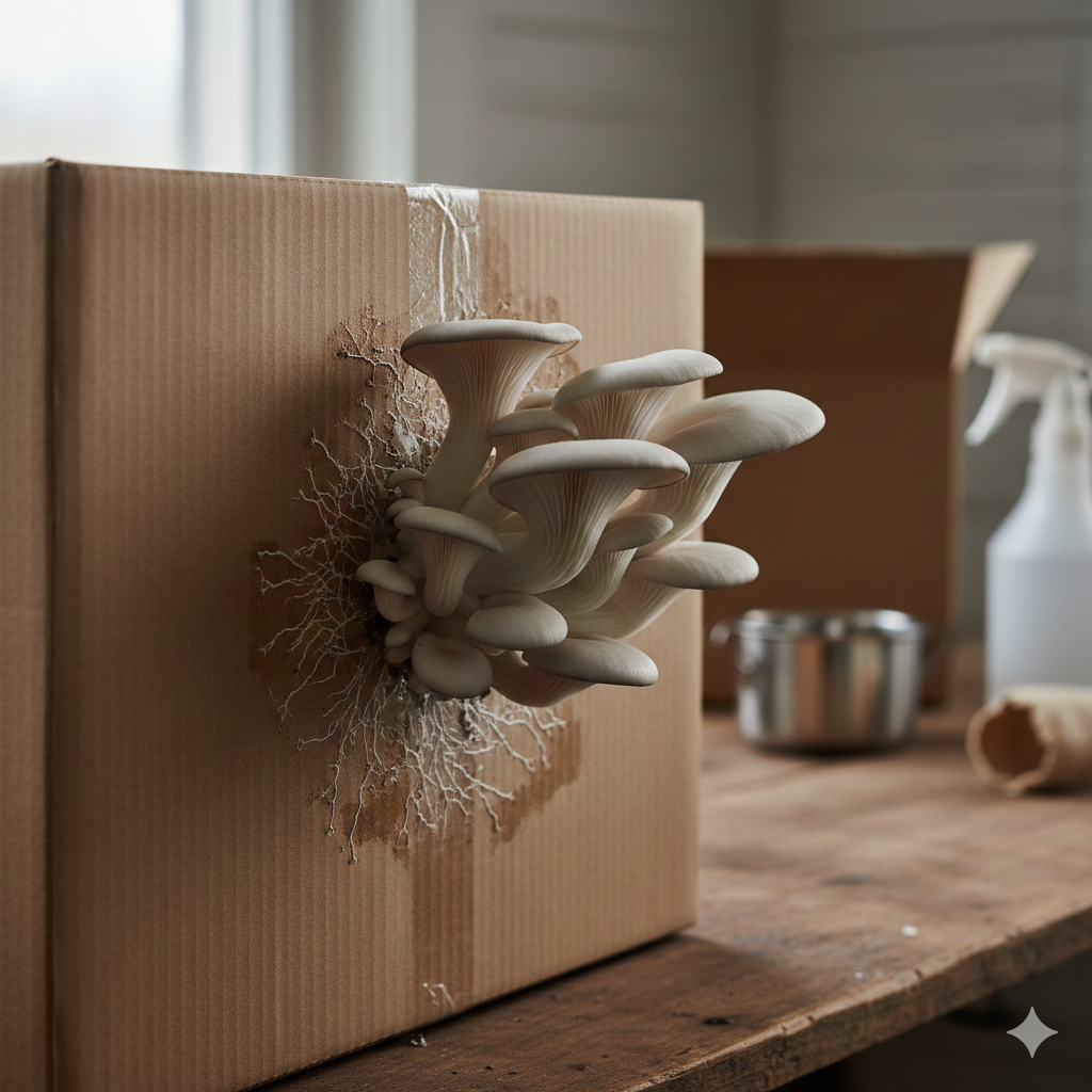 mushrooms growing out of cardboard box