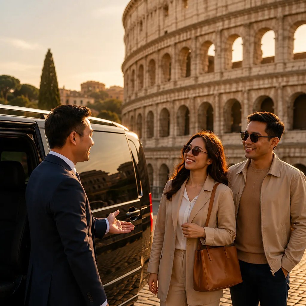Filipino driver in Rome welcoming travelers for a private tour at the Colosseum with Phil Europe Pri