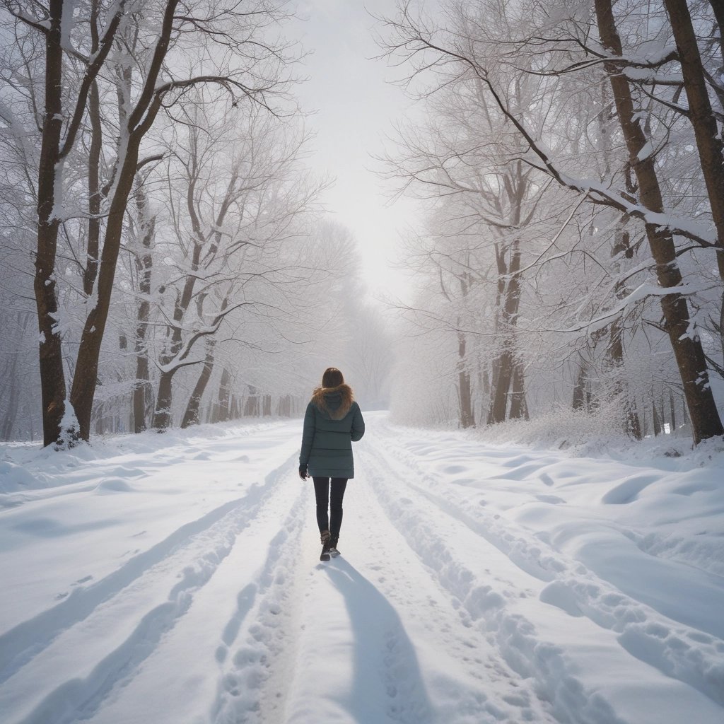 a woman walking down a snowy path in the snow