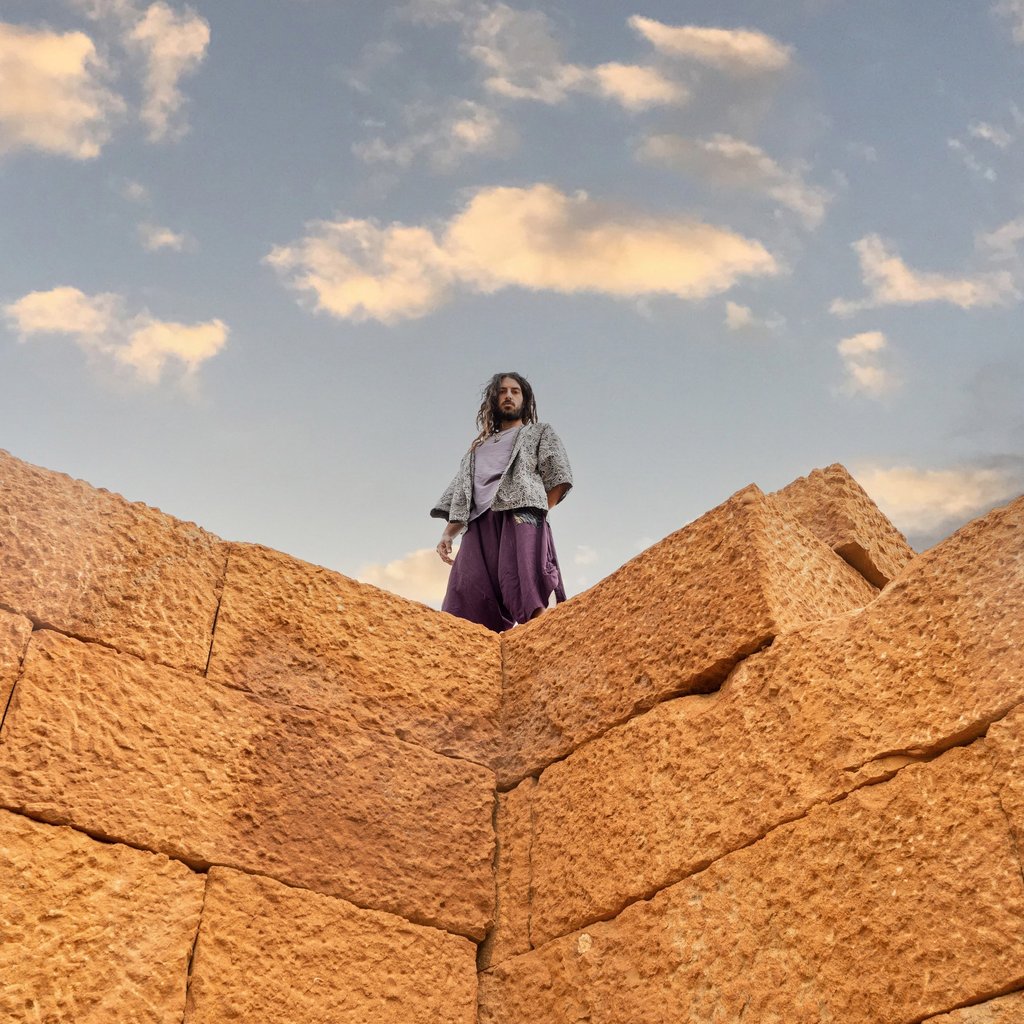 a man in a purple dress standing on a brick wall