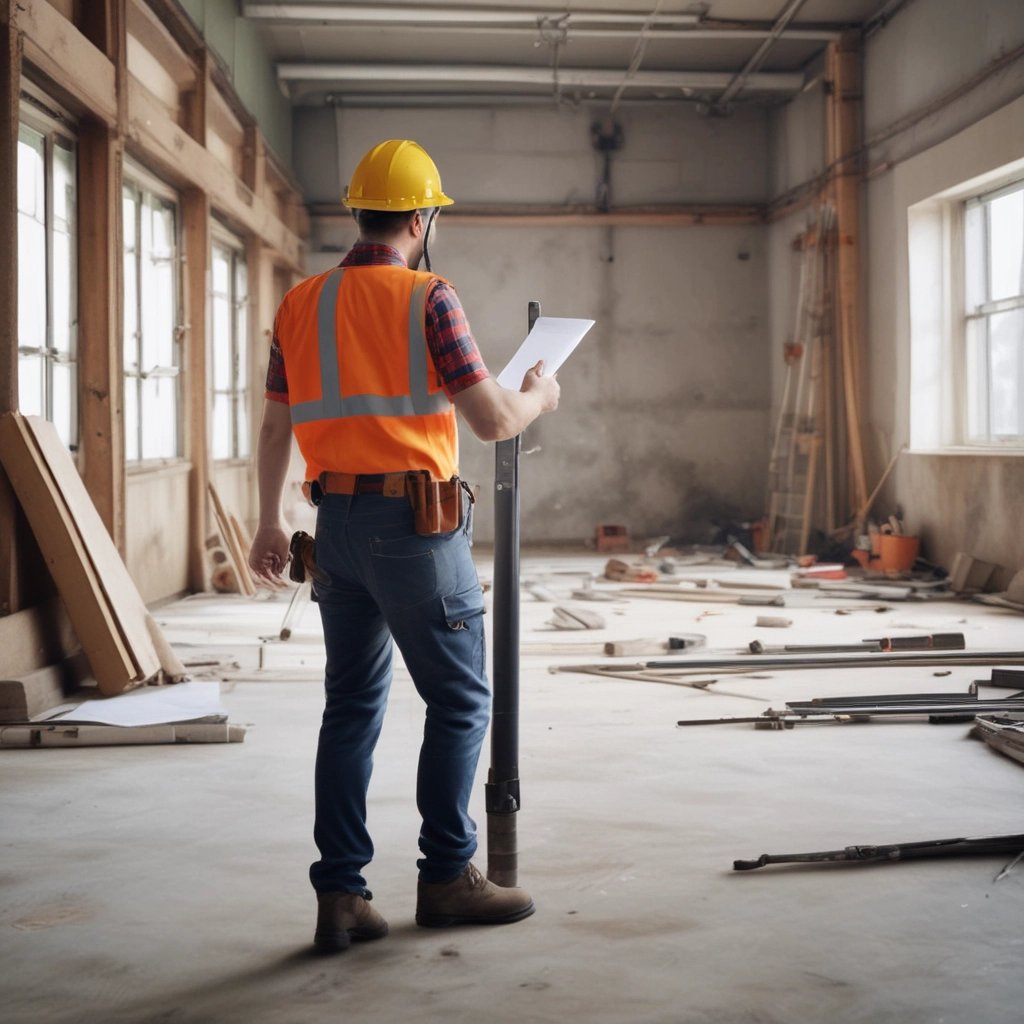 Pracownik ogląda pomieszczenie w celu zrobienia wyceny. W reku trzyma projekt.