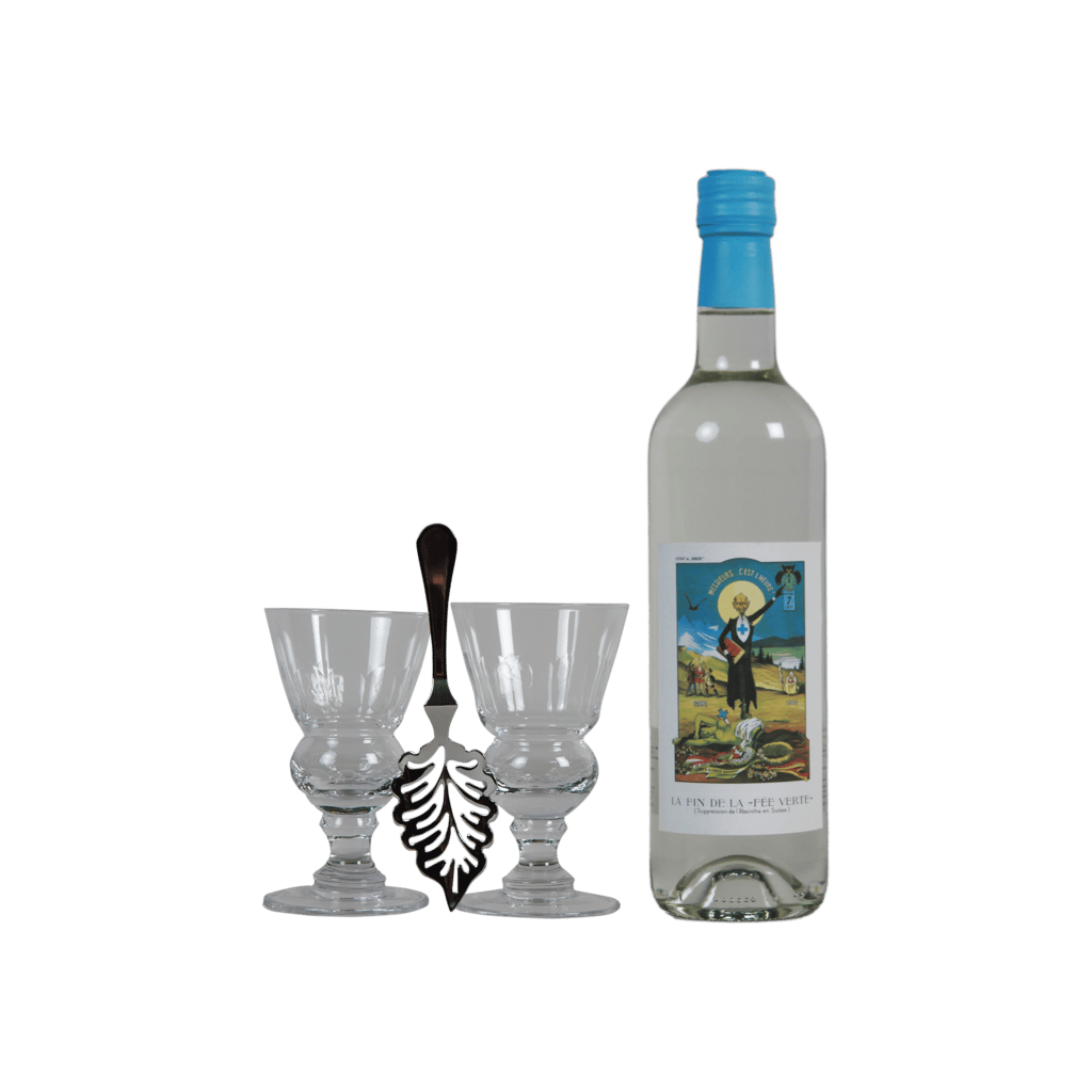 Etiquette incontournable Guguss présente sur une bouteille d'Absinthe Guilloud