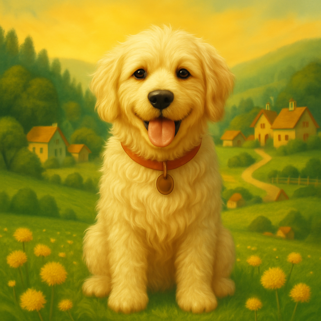 a golden doodle dog sitting on a hill