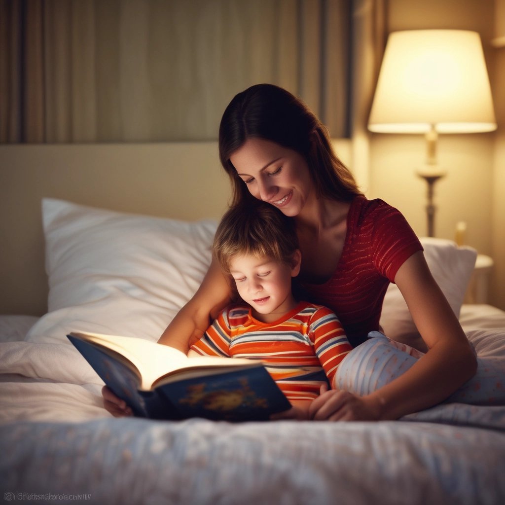 a woman reading a book while her son is reading a book