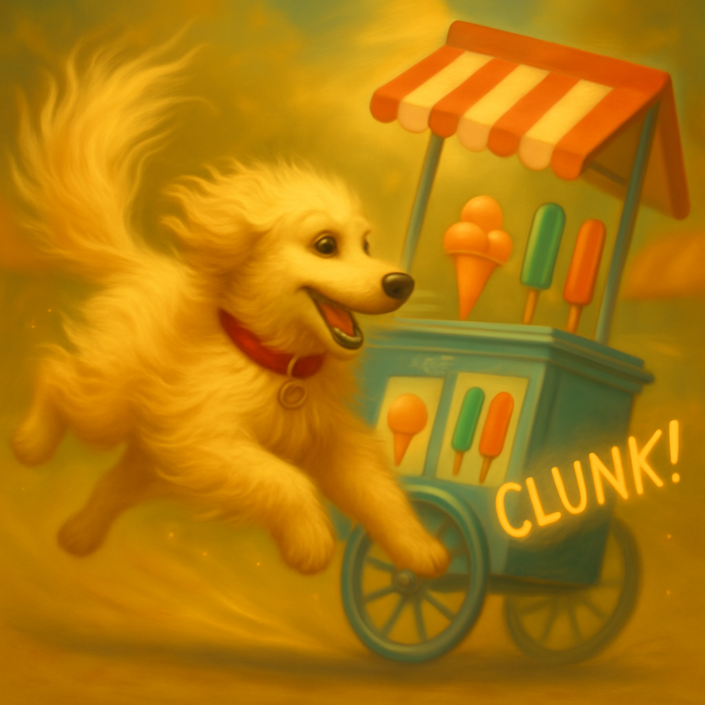 a dog is running around a carton with a carton