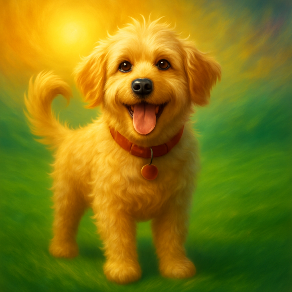 a golden doodle dog is standing in the grass with a sun shining behind it