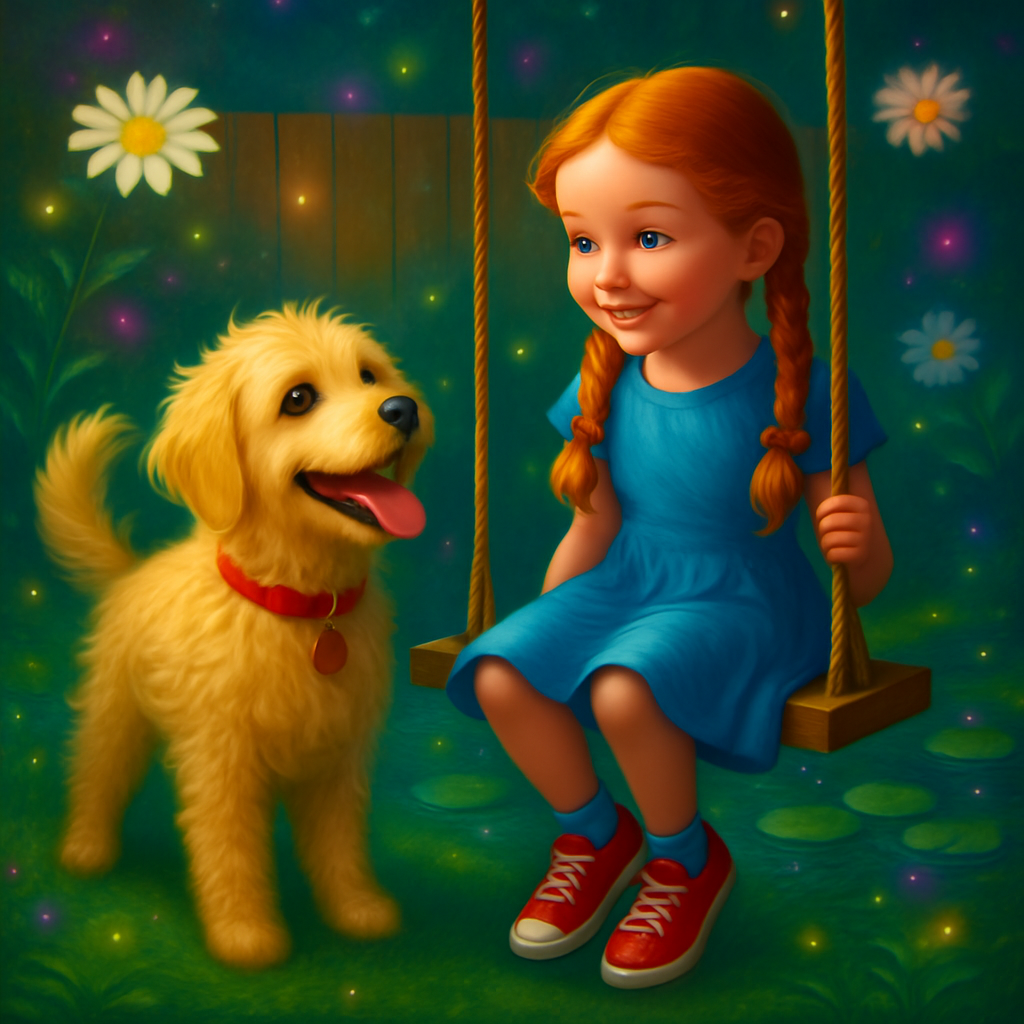 a girl sitting on a swing set with a dog