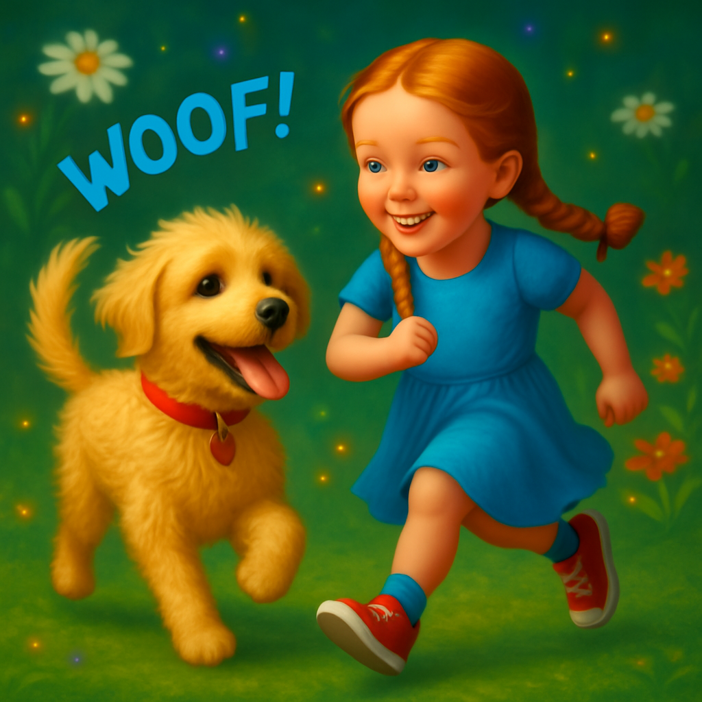 a little girl is running with a dog