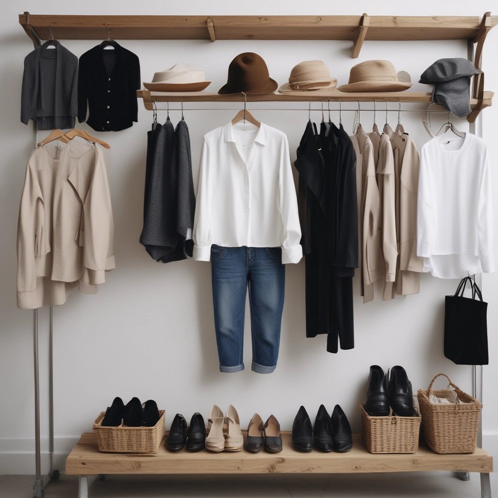 A male model is wearing a fashion-forward outfit featuring grey pants and a colorful, open jacket revealing a toned torso. The background includes another person standing in a similar pose on a runway.