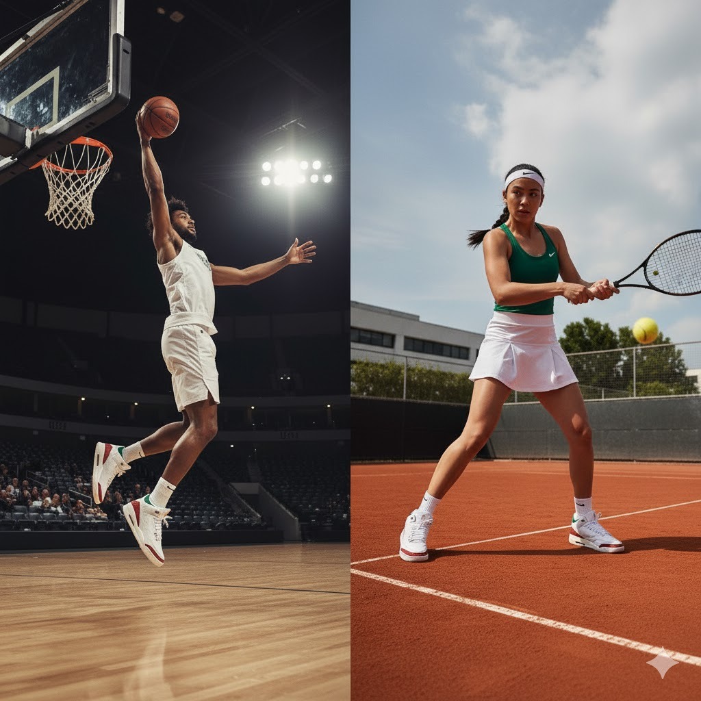 two people playing tennis on a court wearing jordan shoes
