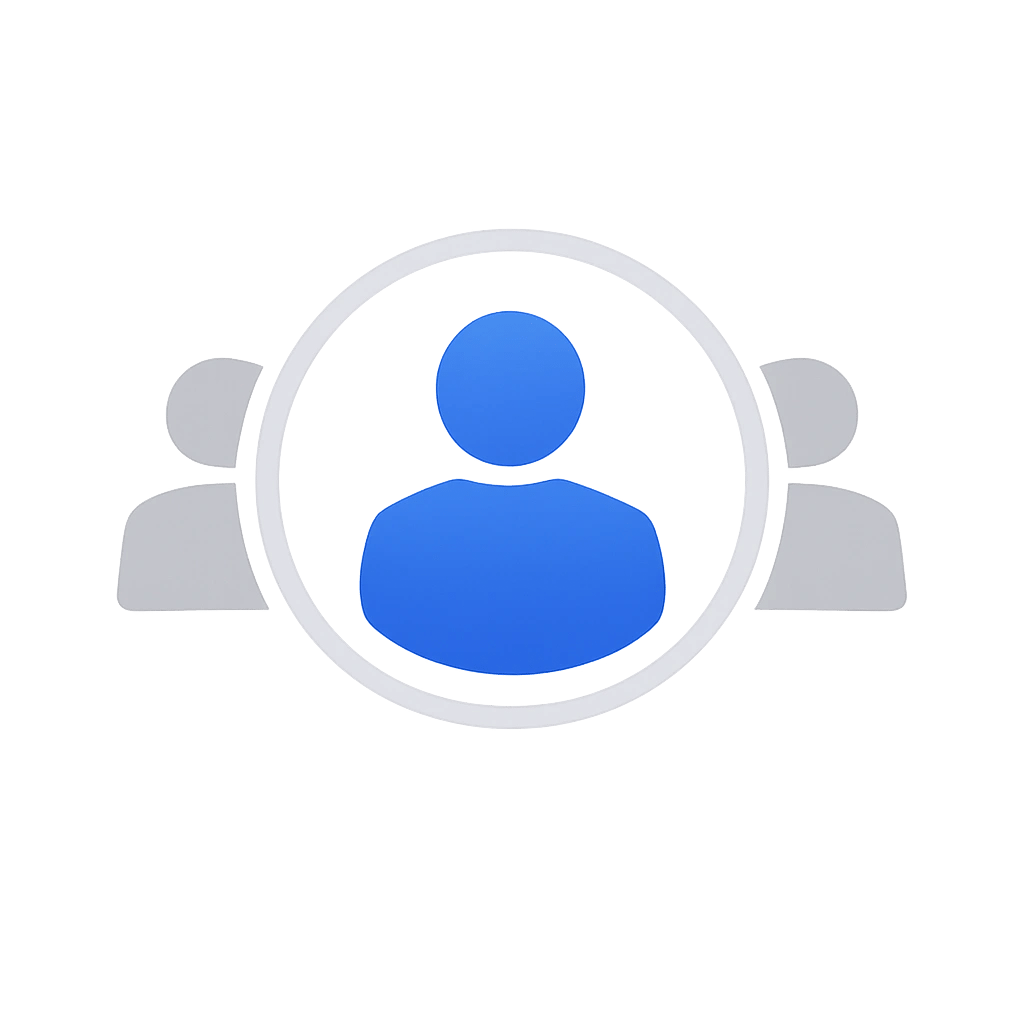 Blue and grey user group icon representing a community, team, or audience on a black background.