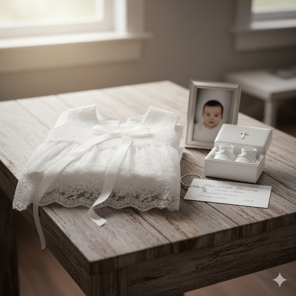 Κοντινό πλάνο των βαπτιστικών ρούχων ενός μωρού και ενός μικρού σταυρού.