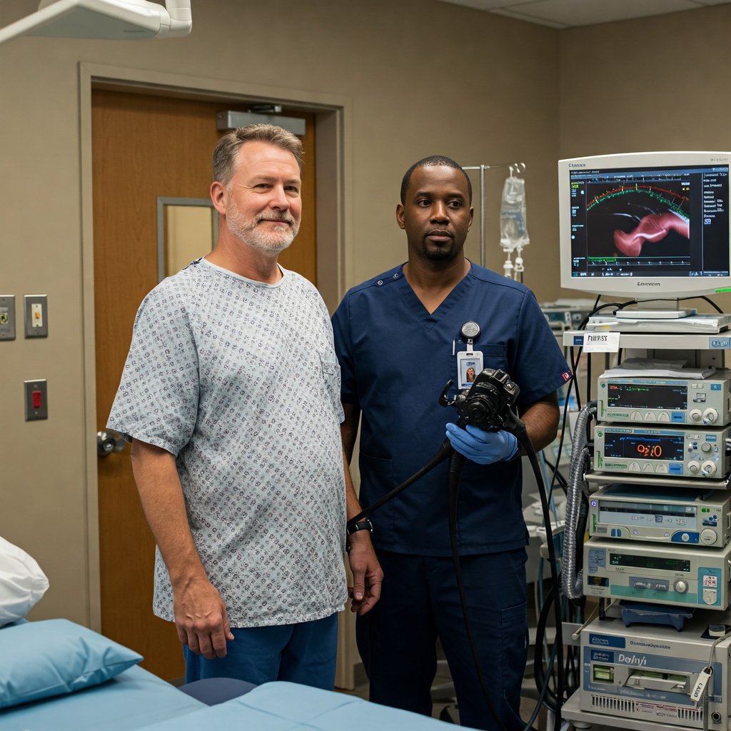 Homem realizado endoscopia para diagnóstico de câncer de estômago