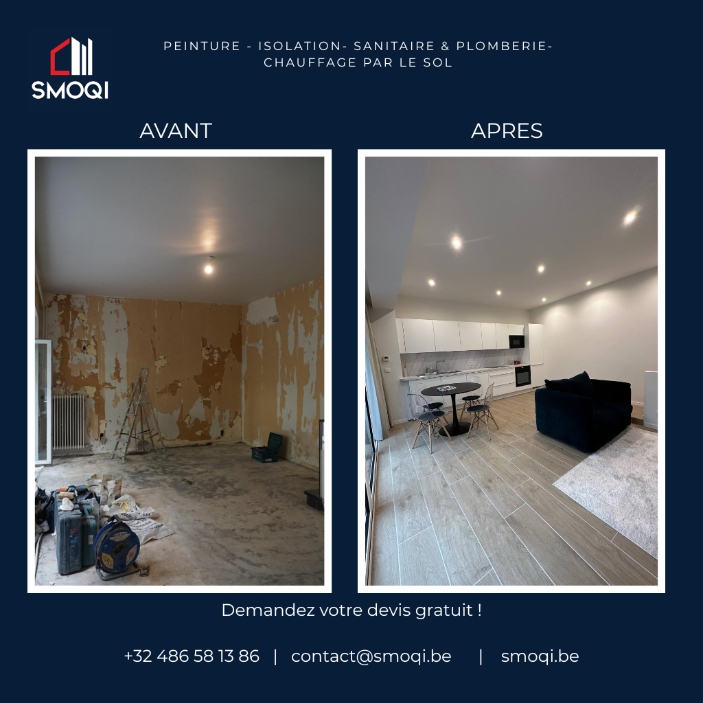 photo avant après une rénovation intérieure - peinture, pose de carrelage, pose chauffage au sol