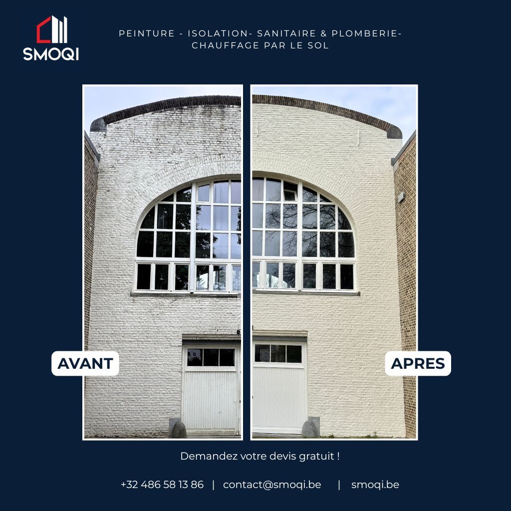 peinture sur façade en briques et sur boiseries réalisée à waterloo par smoqi srl