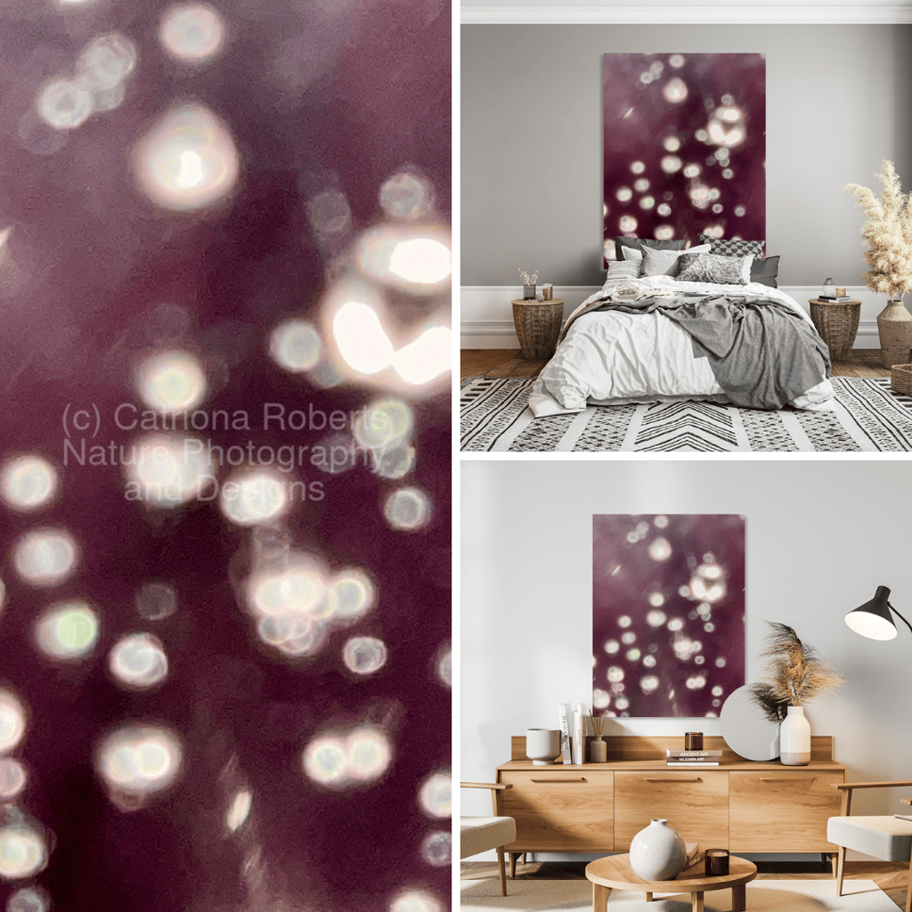 On left digital image of Abstract Glowing Orbs , right design on canvas prints 