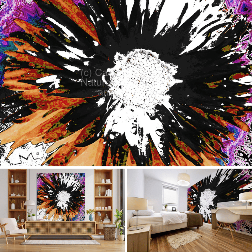 Above Daisy Flower below left design on a print over a unit and right on a wall mural