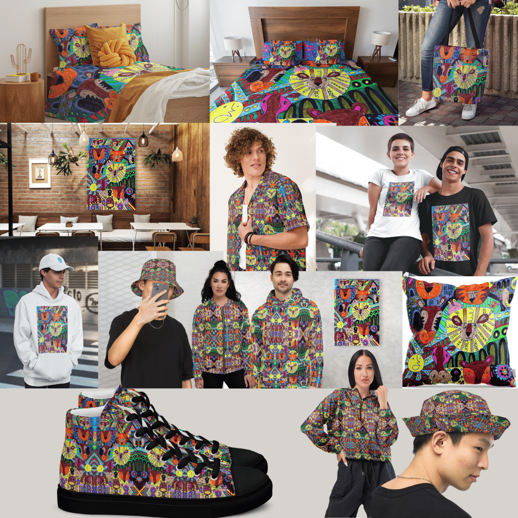 A collage of Apparel , Home Decor and Bedding with Abstract Doodle Art Animals design 