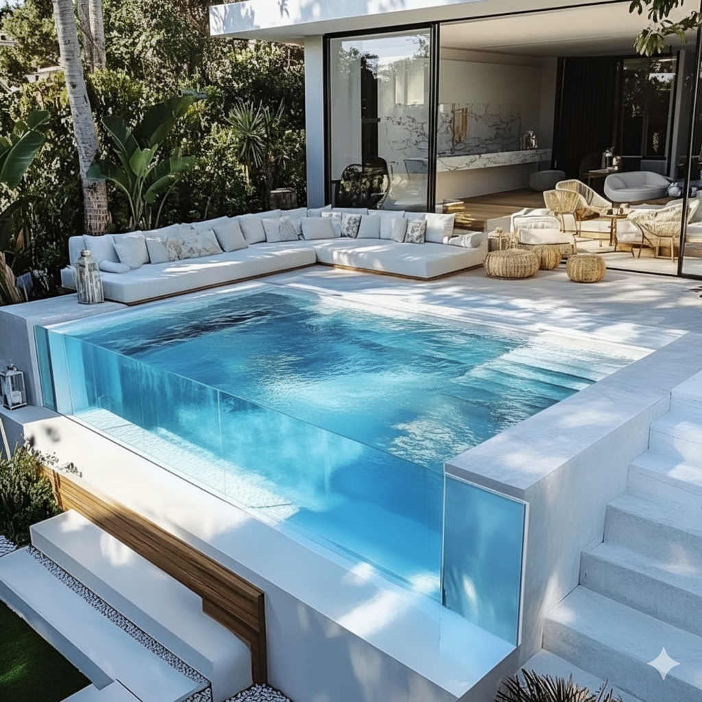 Luxury modern villa with an outdoor glass-walled swimming pool and white sectional lounge seating.