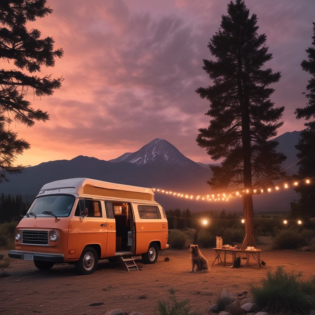 a van parked in a field with a dog
