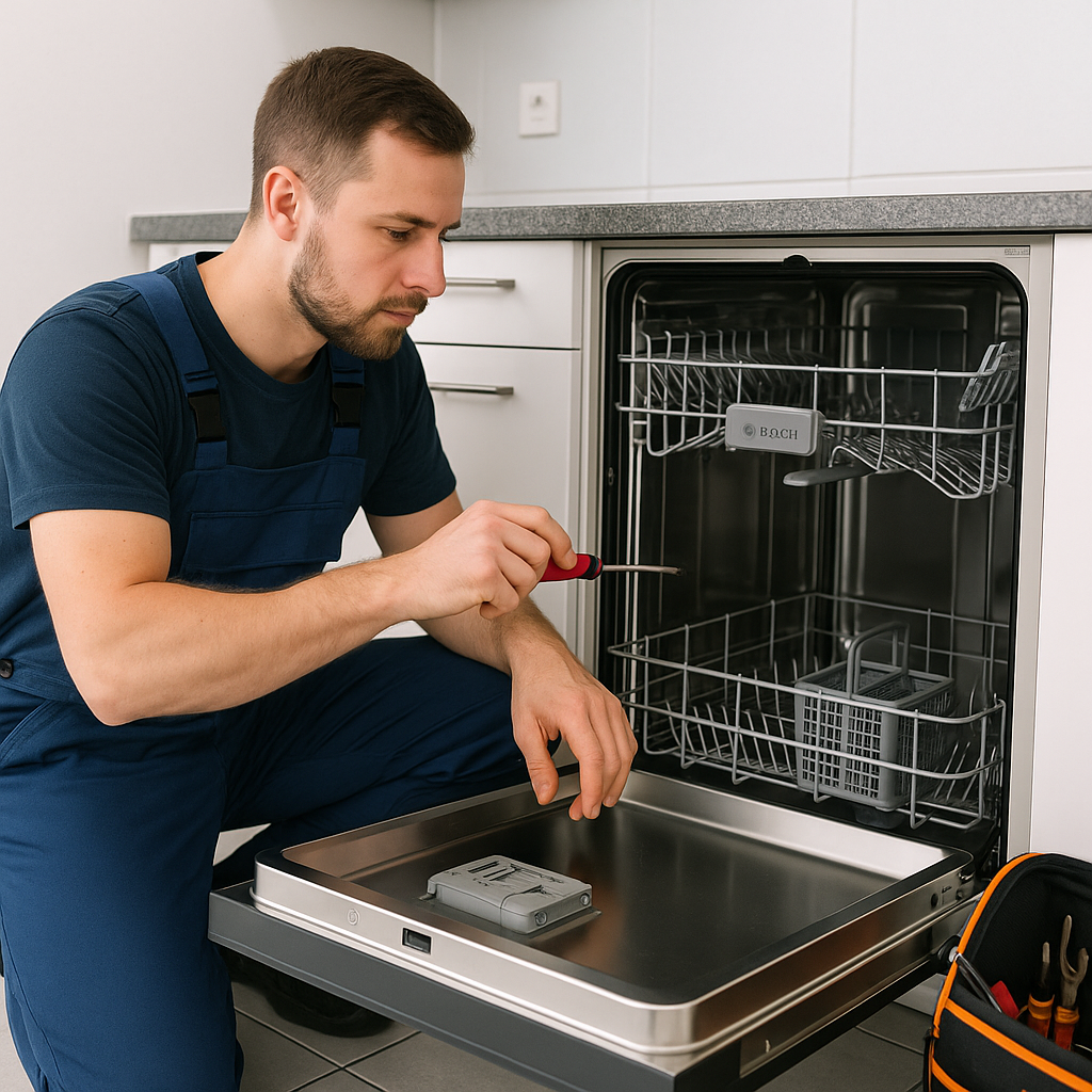 Blue Flame Works technician servicing a Bosch dishwasher in a modern kitchen.