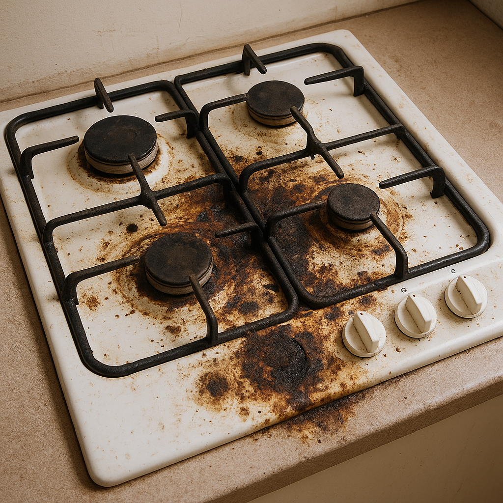 Damaged gas cooktop with burnt stains, rust, and worn burner grates