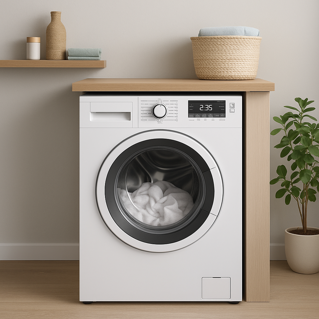 Blomberg front-load dryer in a modern laundry room with shelves and a potted plant.