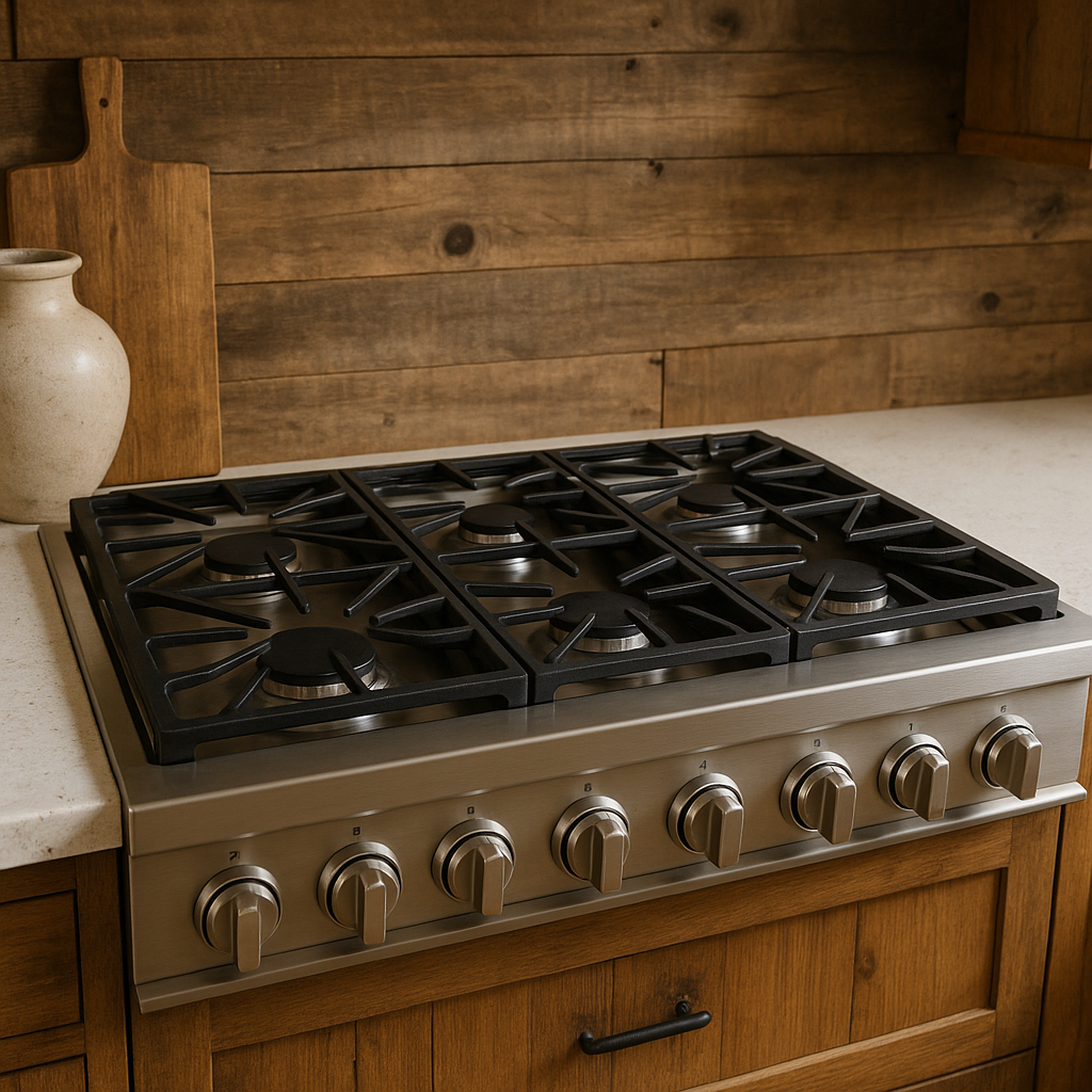 Six-burner gas cooktop in a rustic farmhouse kitchen with wood cabinetry and stone countert