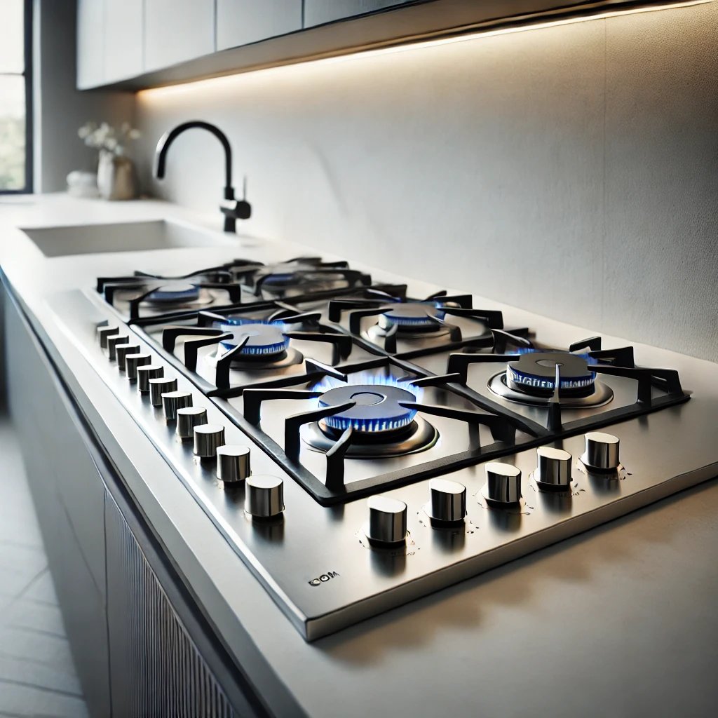 a stove top with a blue flame on it