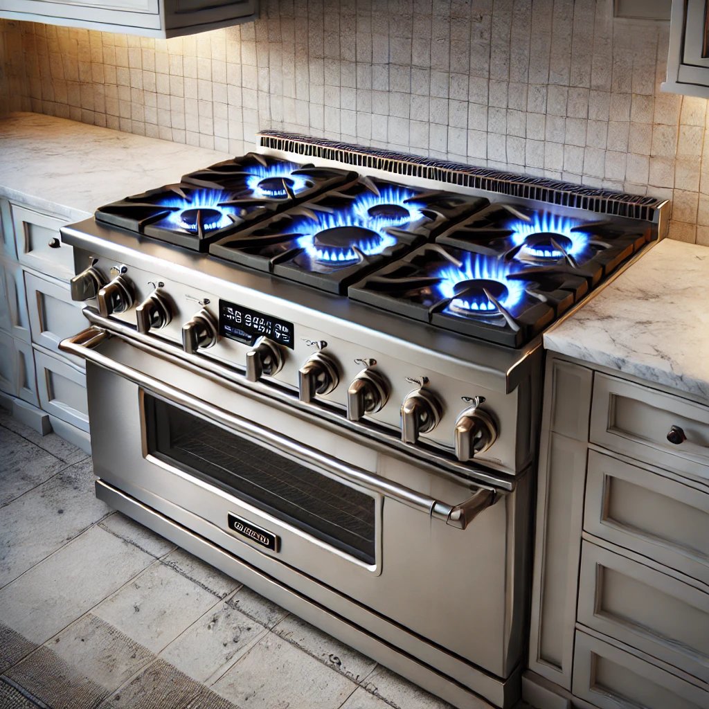 a stove top oven with a blue flame on it