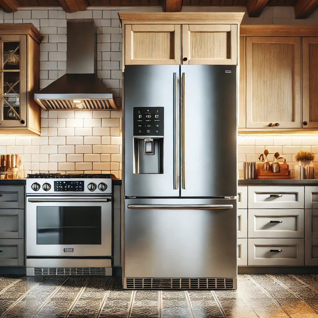 a kitchen with a refrigerator, stove and Hood Range