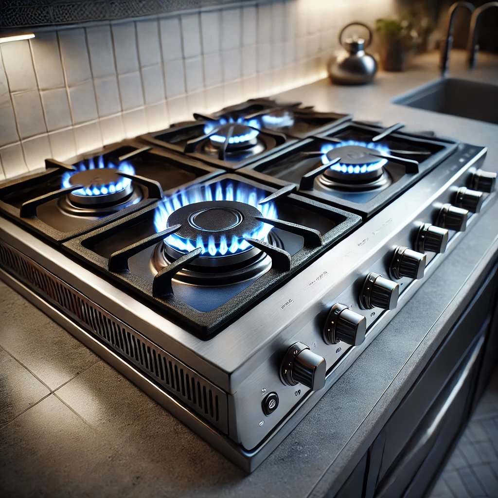 a gas stove top with a blue flames on it