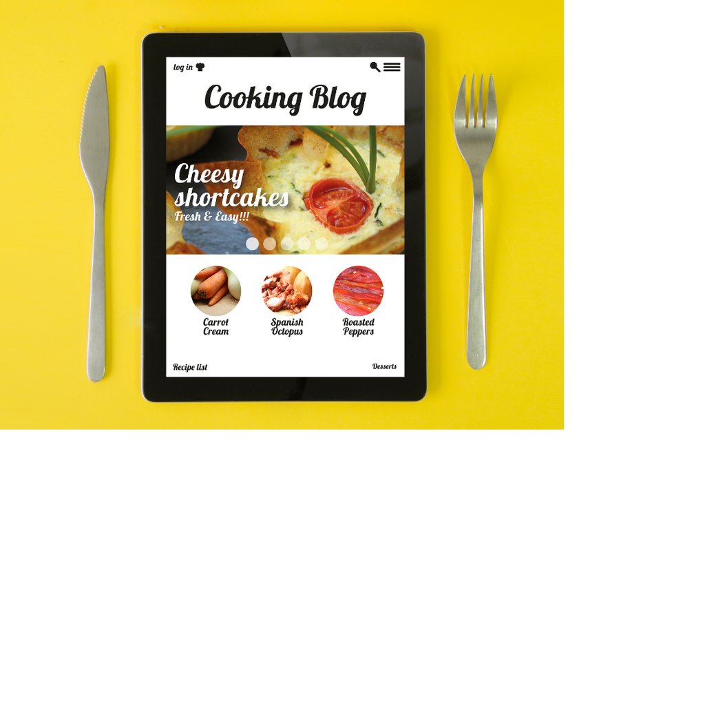Photo of a tablet between a knife and fork. Tablet says "Cooking Blog"