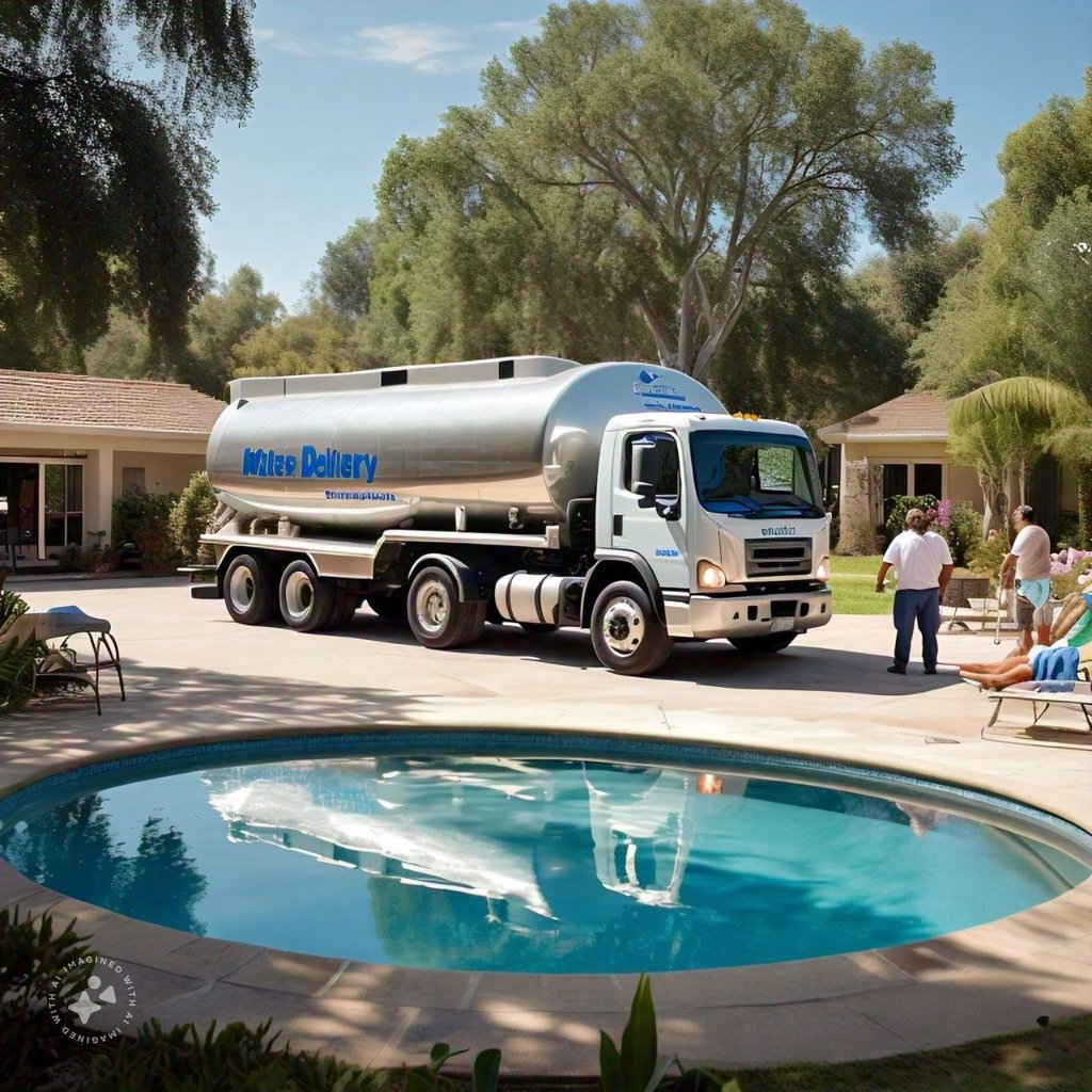 a truck with a tankless water tank sitting in front of a pool