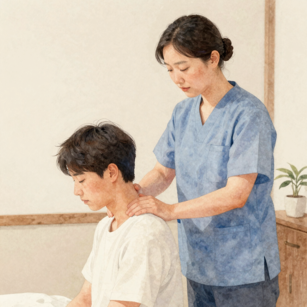 Watercolor illustration of a practitioner performing gentle cervical Chuna manual therapy on a seated patient.