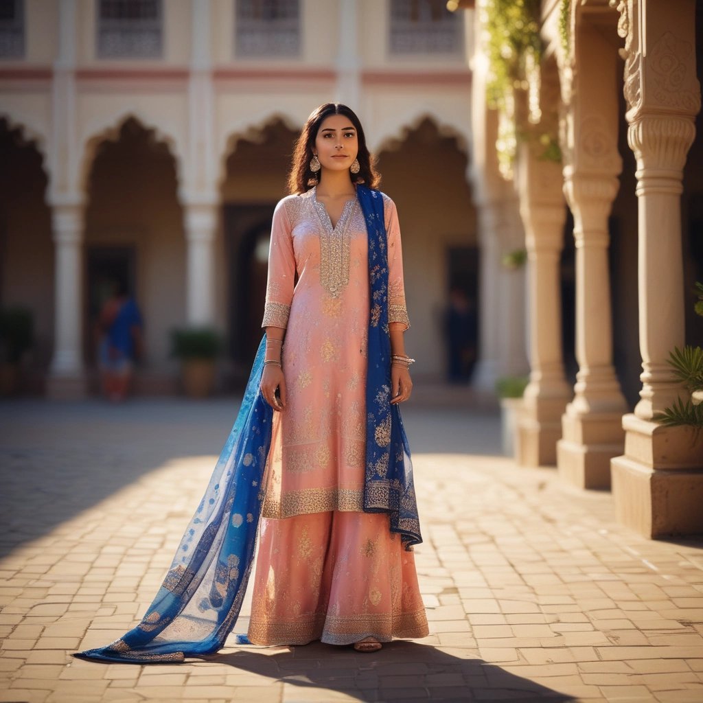 Elegant woman wearing a pink embroidered Pakistani salwar kameez suit with a matching dupatta.