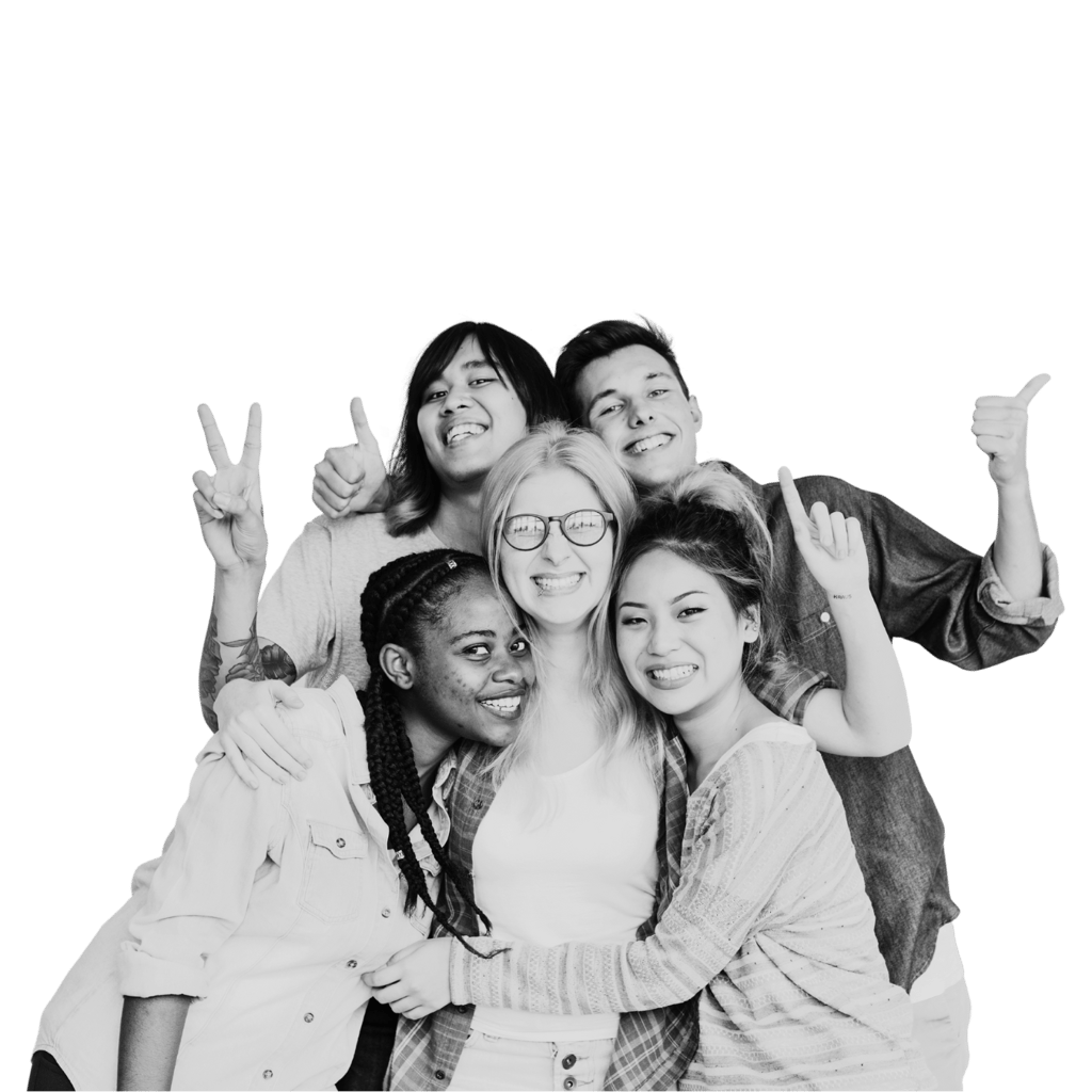 A group of 5 happy young people posing for a photo