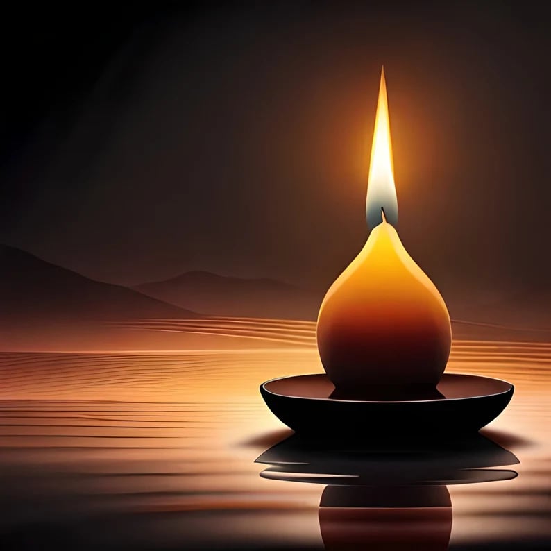 Illustration of a lit candle on a body of water, with mountains in the background