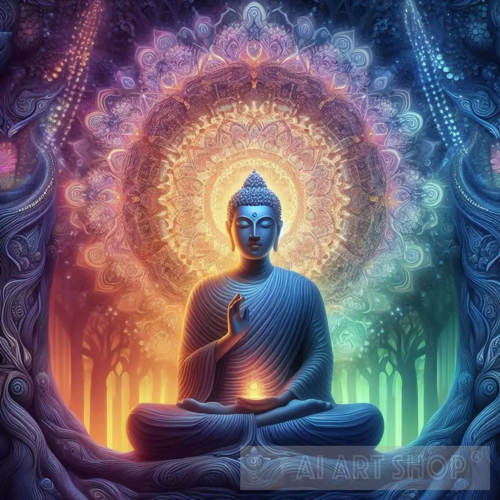 Photo of a sitting buddha statue, with multi-colored lights and patterns surrounding it