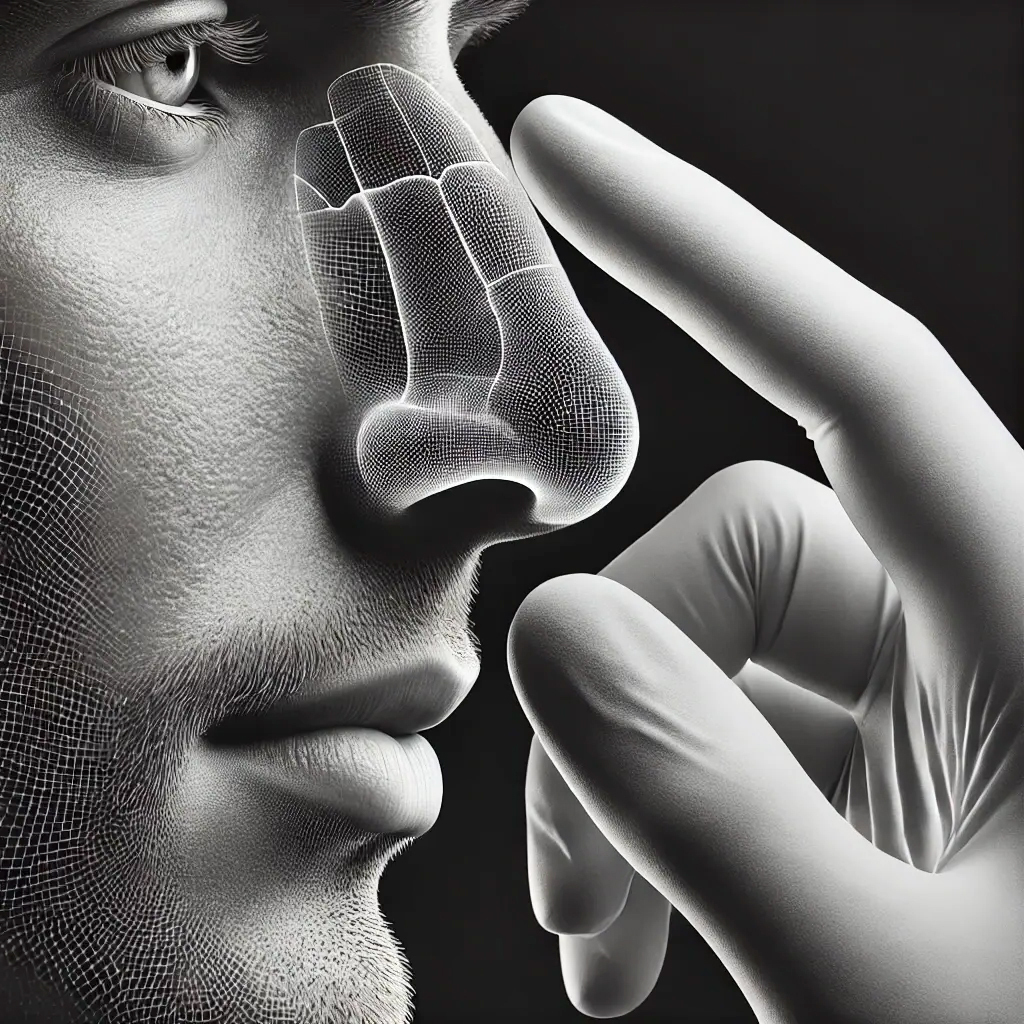 Man's nose being marked by gloved hands, preparing for cosmetic procedure.