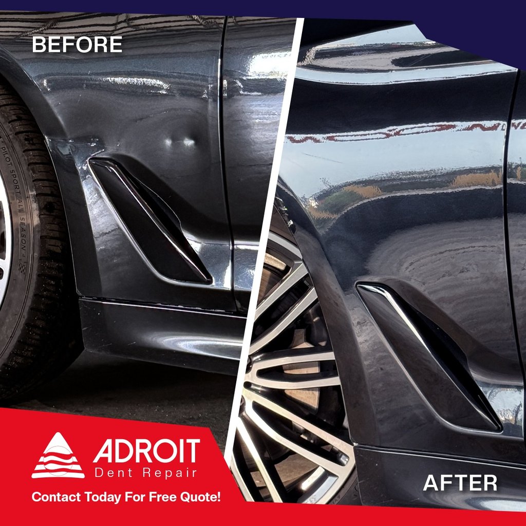 Deep dings and crease on BMW 540i frender, aluminium panel, rod pushing & hot glue pulling