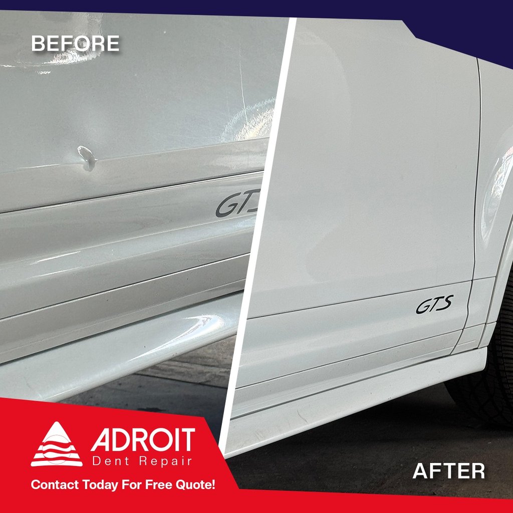 Body line damage on Cayenne GTS door. Glue pull technique 