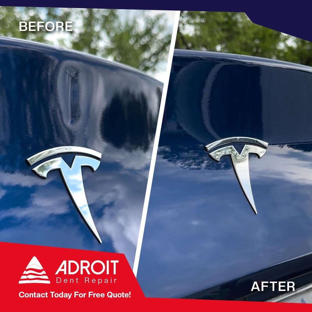 Fixed lift gate dent on Tesla Model Y using glue pull and lateral tension bar technique.