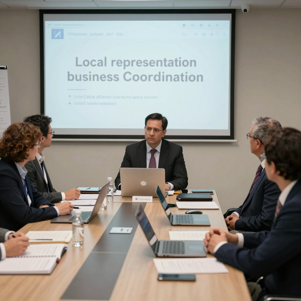Professional consultant discussing commercial strategies with clients in a modern office.