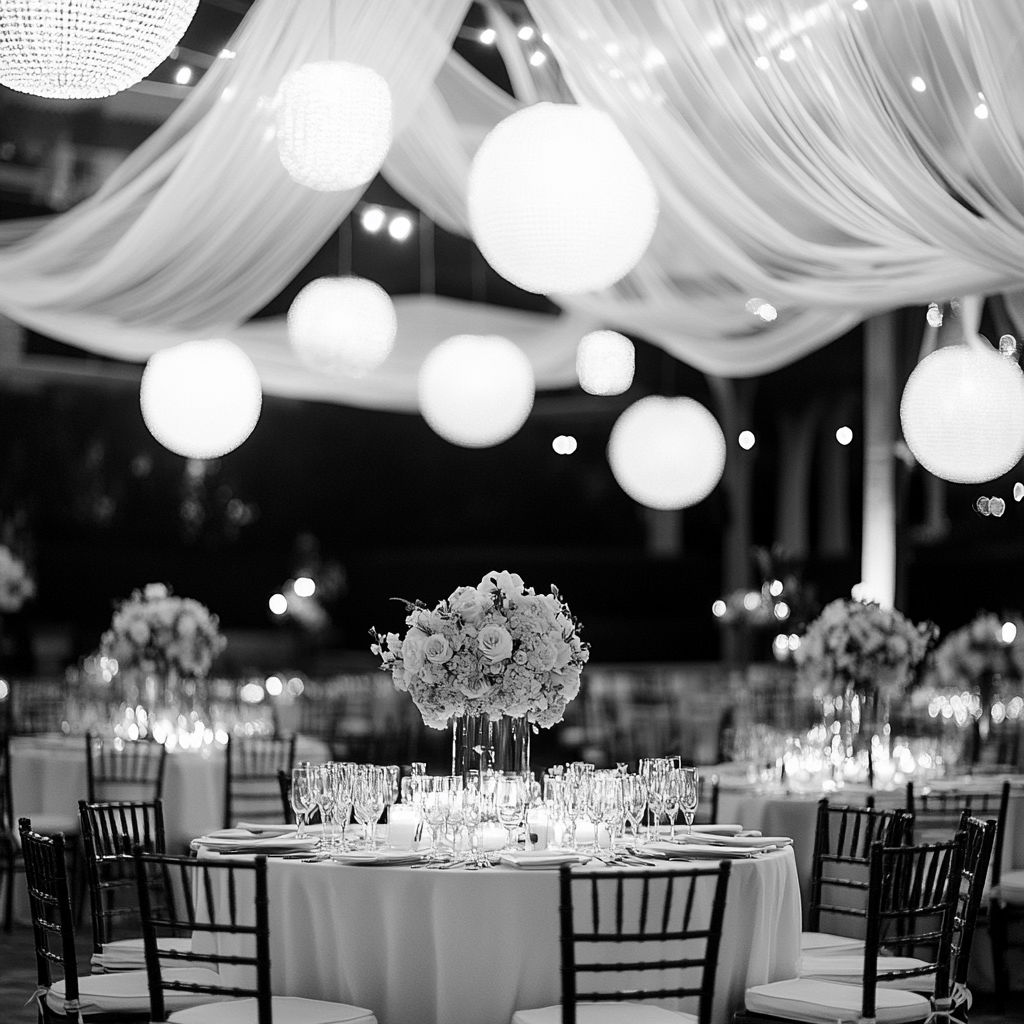 a table with a table set up for a wedding