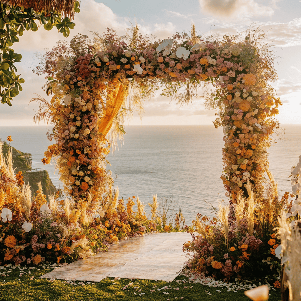 a wedding ceremony with a floral arch