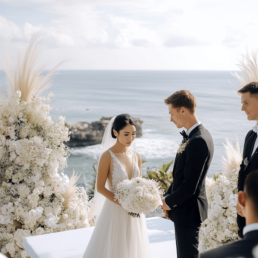 a bride and groom standing in front of a wedding ceremony